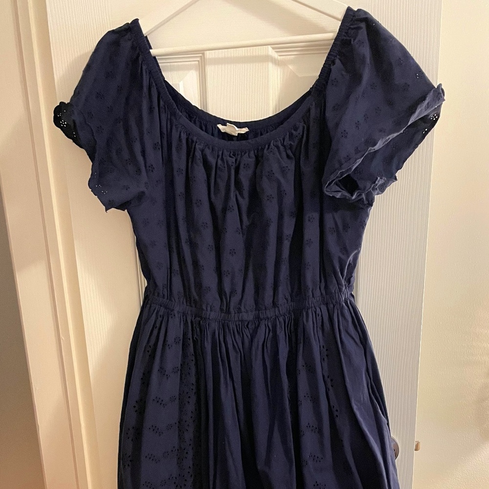 Women's Navy Eyelet Cotton Dress - Classic Short Sleeve